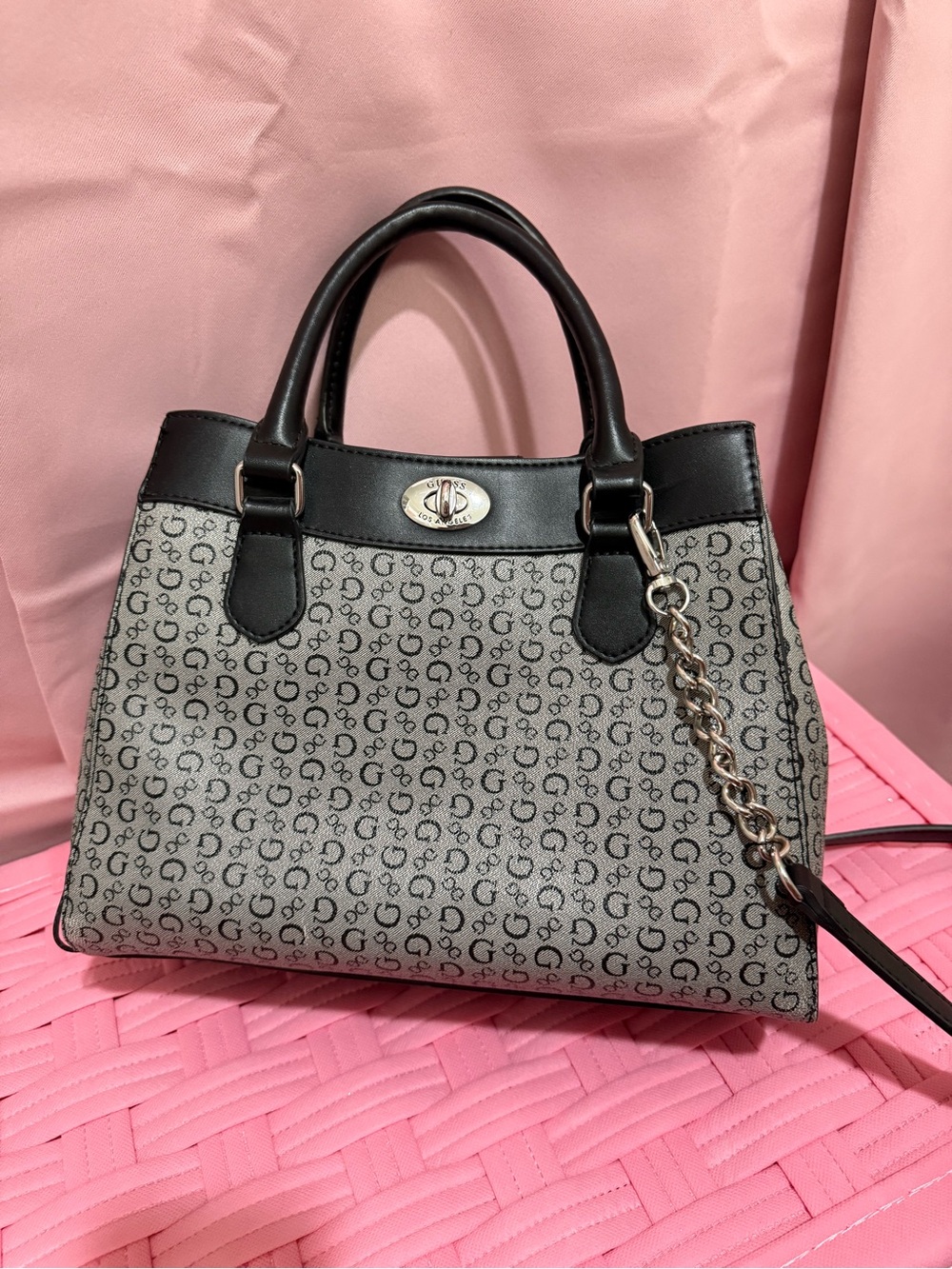 Guess Gray Monogram Satchel with Black Trim